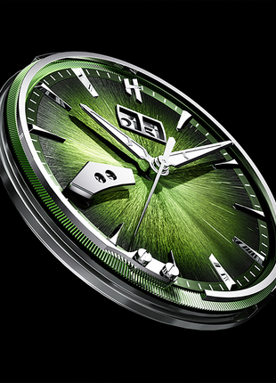 Close-up of Lucky Harvey Chiming Watch 2.0 hand-finished radial-brushed green dial