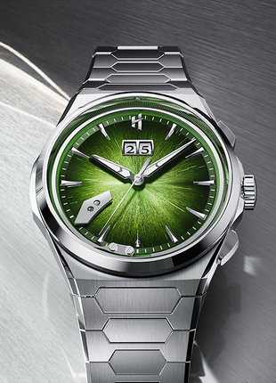 Lucky Harvey Chiming Watch 2.0 Green with hand-brushed dial and Grade 5 titanium case