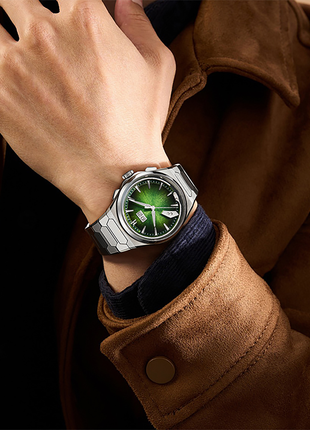 Lucky Harvey Chiming Watch 2.0 Green titanium automatic watch worn on the wrist