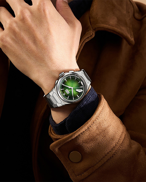 Lucky Harvey Chiming Watch 2.0 Green titanium automatic watch worn on the wrist