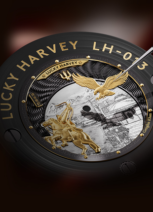 Lucky Harvey Genghis Khan charcoal grey automata watch eagle on dial detailed view