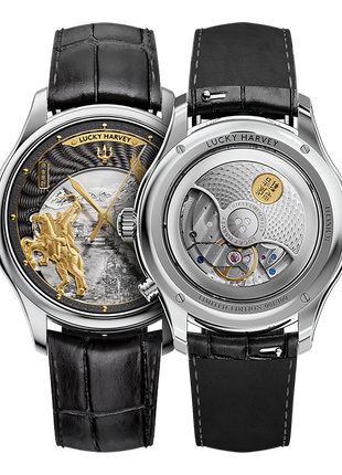 Lucky Harvey Genghis Khan charcoal grey automata watch front and back views