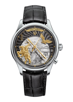 Lucky Harvey Genghis Khan charcoal grey automata watch front view