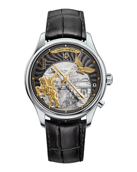 Lucky Harvey Genghis Khan charcoal grey automata watch front view