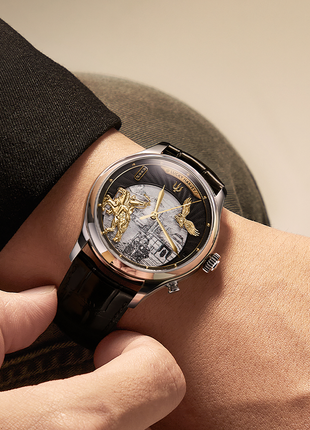 Lucky Harvey Genghis Khan charcoal grey automata watch on wrist