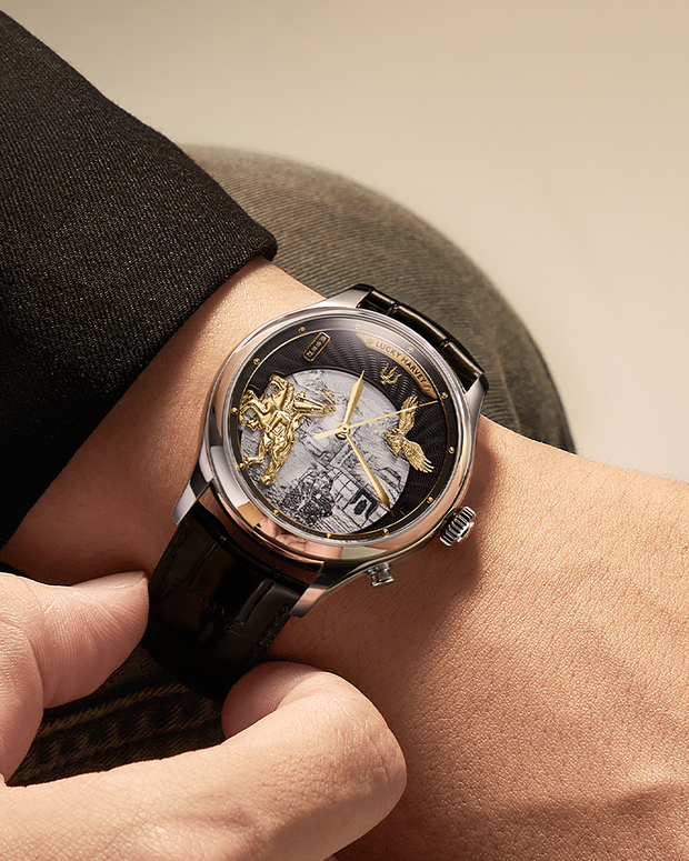 Lucky Harvey Genghis Khan charcoal grey automata watch on wrist