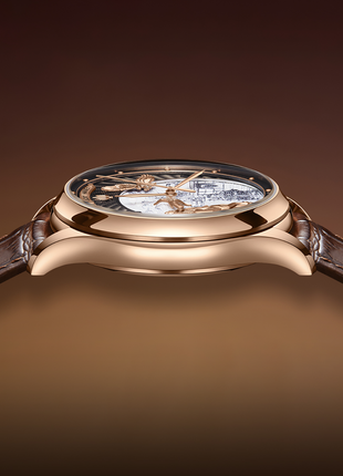 Lucky Harvey Genghis Khan rose gold automata chiming watch case view