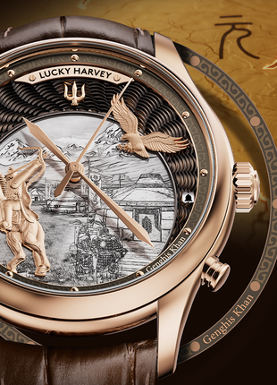 Lucky Harvey Genghis Khan rose gold automata chiming watch dial details