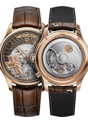 Lucky Harvey Genghis Khan rose gold automata chiming watch front and back views