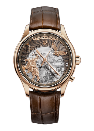 Lucky Harvey Genghis Khan rose gold automata chiming watch front view