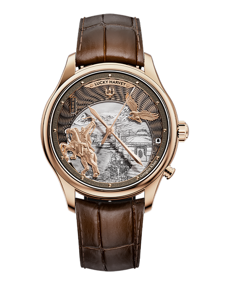 Lucky Harvey Genghis Khan rose gold automata chiming watch front view