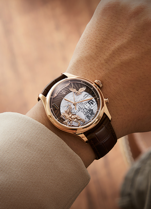 Lucky Harvey Genghis Khan rose gold automata chiming watch on wrist