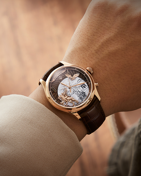 Lucky Harvey Genghis Khan rose gold automata chiming watch on wrist