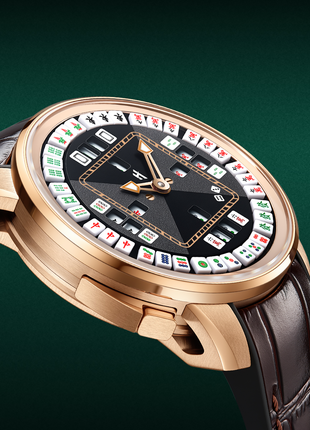 Angled view of Lucky Harvey Mahjong 43mm rose gold automatic watch