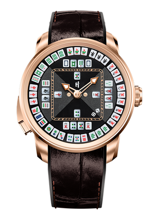 Lucky Harvey Mahjong 43mm automatic watch in rose gold tone with green dial and miniature 3D mahjong tiles