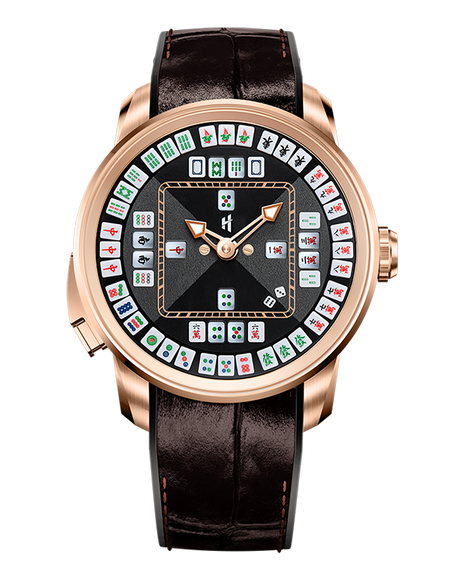 Lucky Harvey Mahjong 43mm automatic watch in rose gold tone with green dial and miniature 3D mahjong tiles