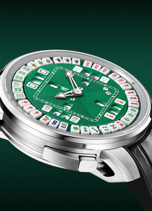 Angled view of Lucky Harvey Mahjong 43mm stainless steel automatic watch