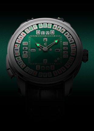 Lume view of Lucky Harvey Mahjong 43mm stainless steel automatic watch