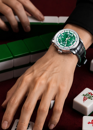 Lucky Harvey Mahjong 43mm stainless steel automatic watch worn on the wrist