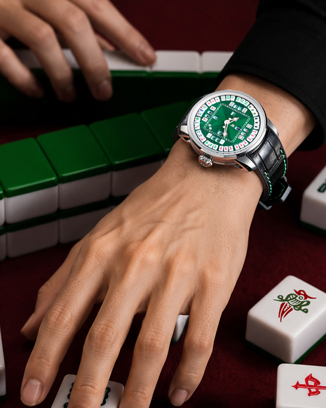 Lucky Harvey Mahjong 43mm stainless steel automatic watch worn on the wrist