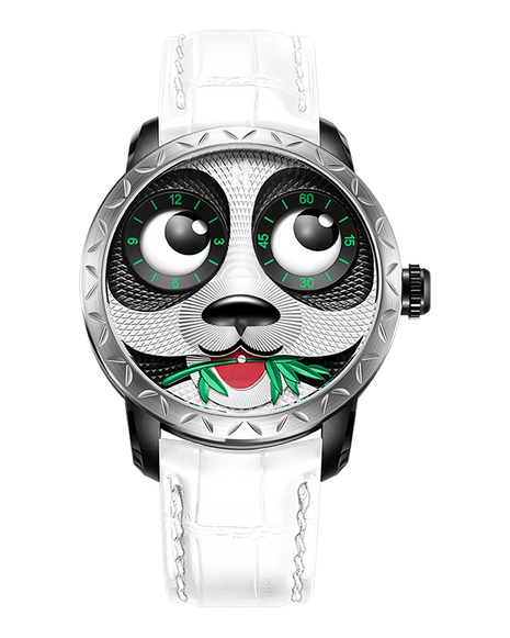 Lucky Harvey Panda Eat Bamboo Automata 40mm automatic watch with white strap