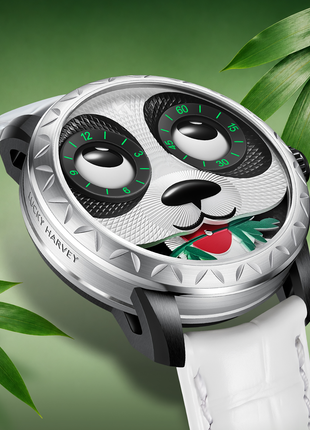 Angled profile of the Lucky Harvey Panda Eat Bamboo Automata 40mm watch