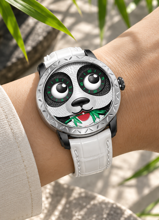 Lucky Harvey Panda Eat Bamboo Automata 40mm watch with white strap worn on the wrist