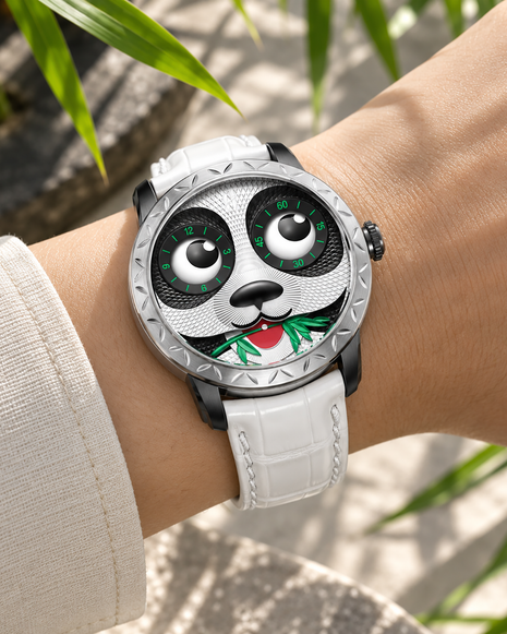 Lucky Harvey Panda Eat Bamboo Automata 40mm watch with white strap worn on the wrist