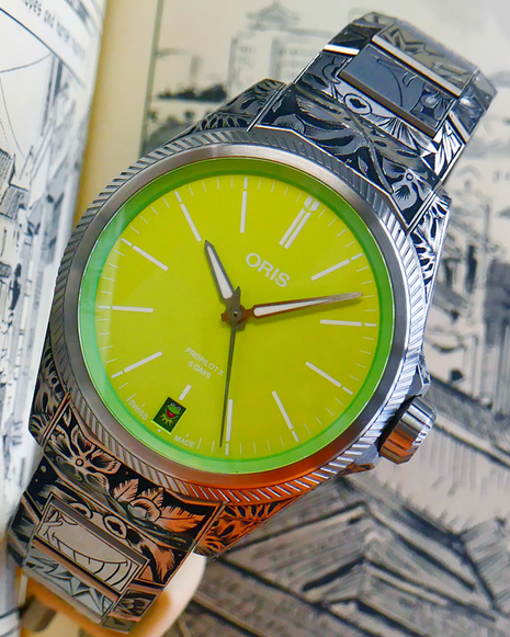Oris ProPilot X Kermit Edition Pièce Unique with green dial and hand-engraved titanium case and bracelet