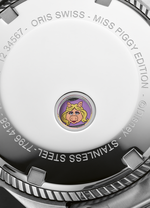 Oris ProPilot X Miss Piggy Edition caseback with portrait visible through spyhole
