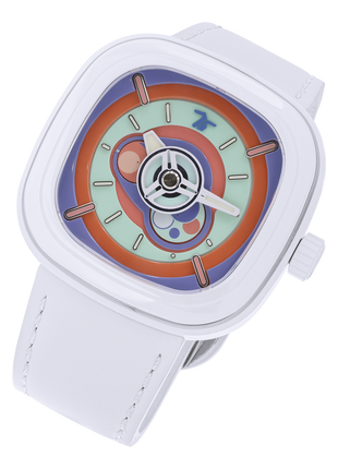 Angled view of SEVENFRIDAY P1C/06 Bubble Gum showing the white ceramic bezel and pastel dial details