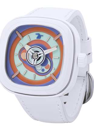 Angled view of SEVENFRIDAY P1C/06 Bubble Gum showing the white ceramic bezel and pastel dial details