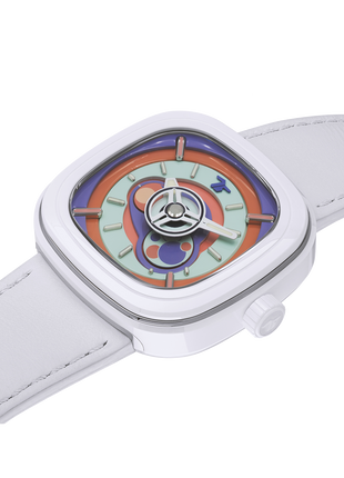 Angled view of SEVENFRIDAY P1C/06 Bubble Gum showing the white ceramic bezel and pastel dial details