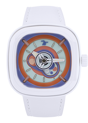 Front view of SEVENFRIDAY P1C/06 Bubble Gum featuring a colourful layered dial and white leather strap