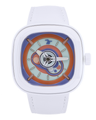 Front view of SEVENFRIDAY P1C/06 Bubble Gum featuring a colourful layered dial and white leather strap
