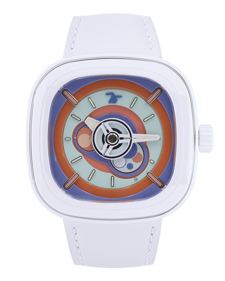 Front view of SEVENFRIDAY P1C/06 Bubble Gum featuring a colourful layered dial and white leather strap
