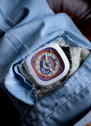 SEVENFRIDAY P1C/06 Bubble Gum worn on the wrist showing its playful pastel colourway