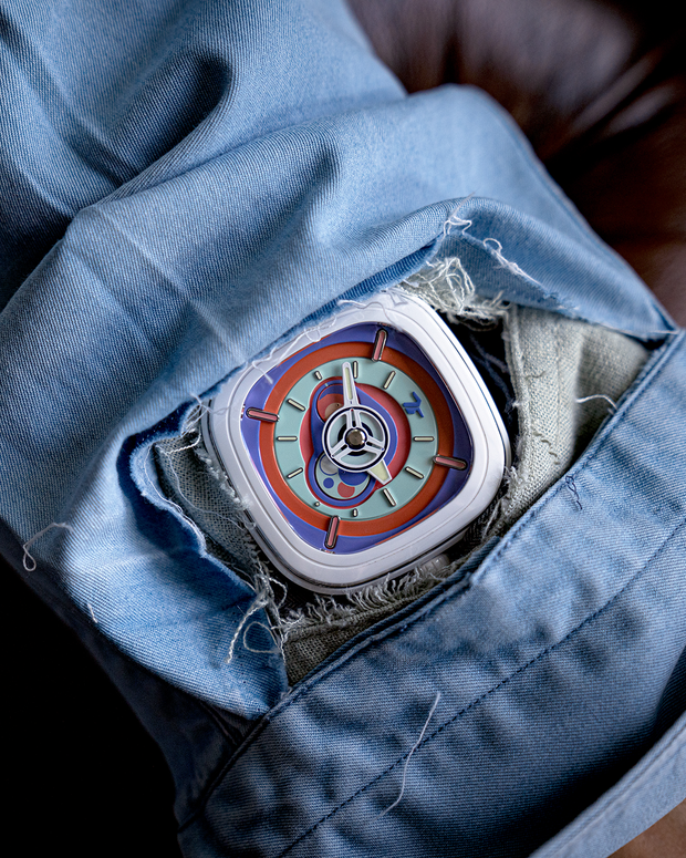 SEVENFRIDAY P1C/06 Bubble Gum worn on the wrist showing its playful pastel colourway