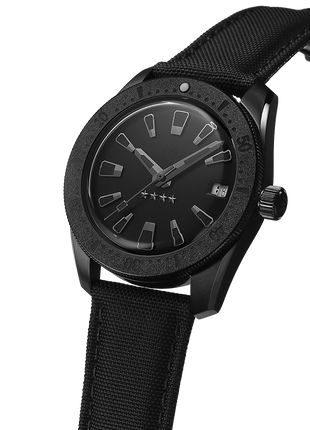 Angled view of Shanghai Watch Commander Sniper 37.5mm automatic watch with black dial and gunmetal case