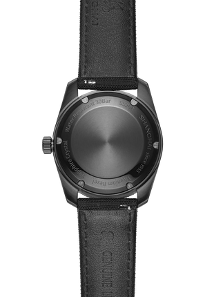 Caseback of Shanghai Watch Commander Sniper 37.5mm automatic watch with black dial and gunmetal case