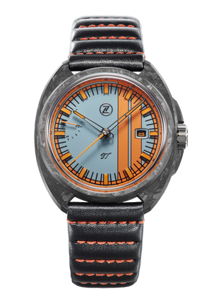 Zelos GT 42mm Carbon Heritage automatic watch with light blue dial and orange racing stripes