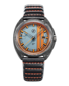 Zelos GT 42mm Carbon Heritage automatic watch with light blue dial and orange racing stripes