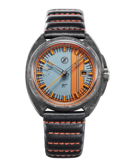 Zelos GT 42mm Carbon Heritage automatic watch with light blue dial and orange racing stripes