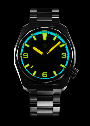 Lume shot of Zelos Hammerhead 43 Field Carbon automatic dive watch with CNC guilloche forged carbon dial