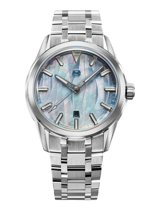 Zelos Helica 42 Wave MOP automatic watch with light blue mother-of-pearl guilloche dial