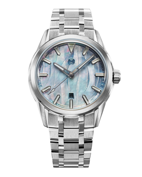 Zelos Helica 42 Wave MOP automatic watch with light blue mother-of-pearl guilloche dial